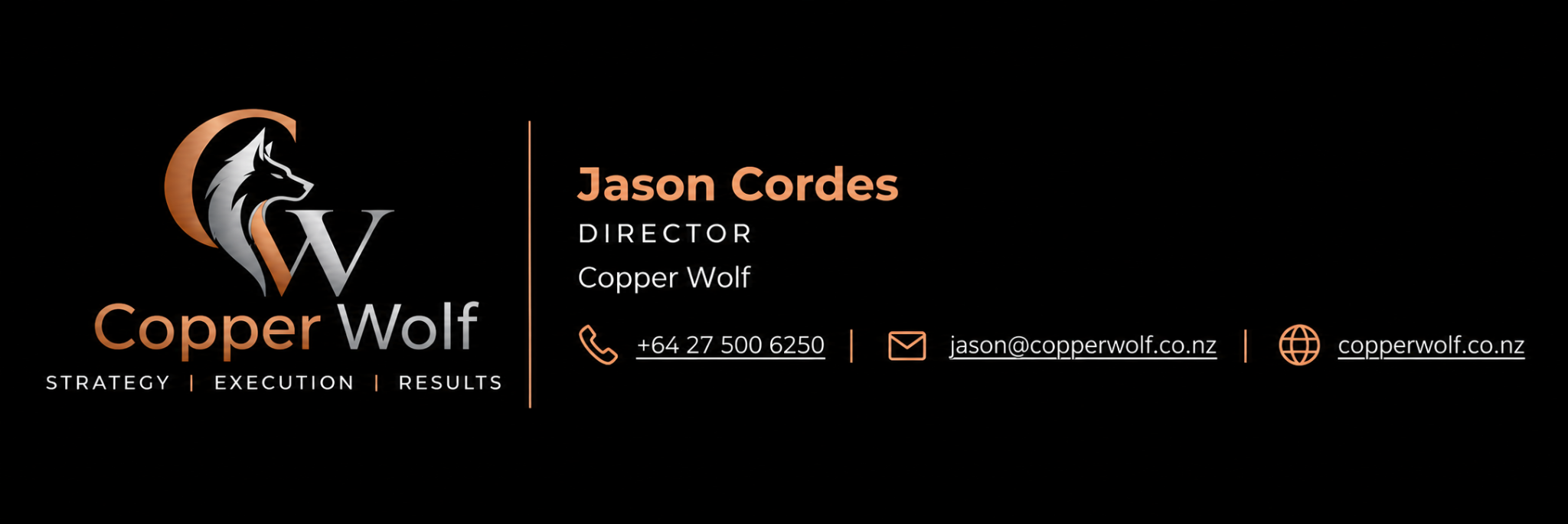 Copper Wolf logo. Strategy, execution, results.